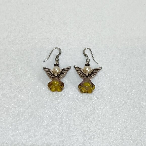 Angel Wing Earring Handcrafted Yellow Glass Flower Bead Faux Pearls Silver Hooks - Picture 1 of 3